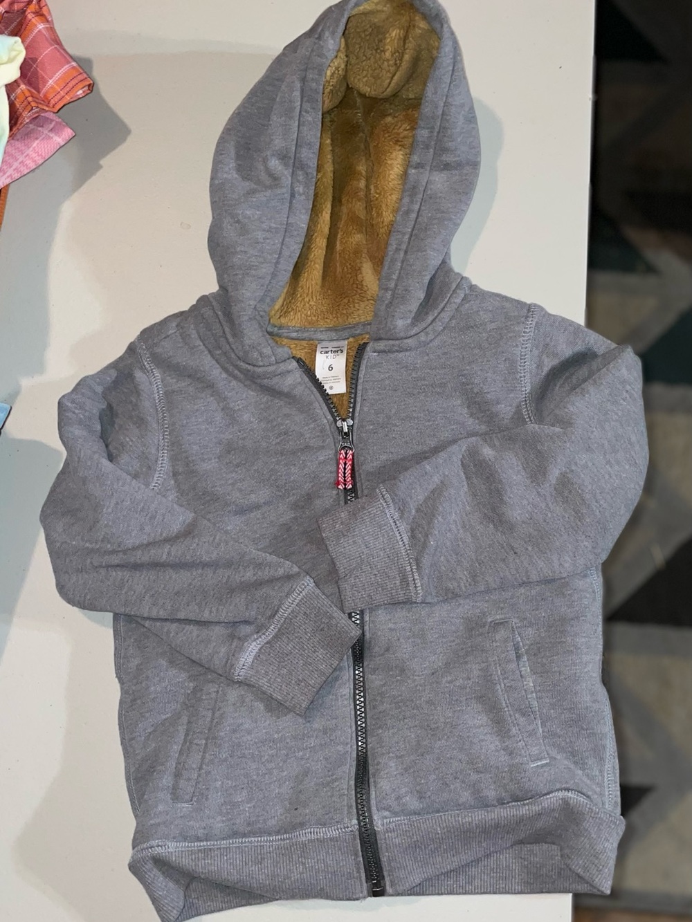 Kids Carters Gray Zip-Up Hoodie with Sherpa Lining. Size 6
